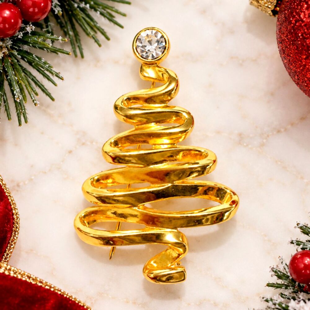 Vintage Gold Tone Swirl and Rhinestone Christmas Tree Brooch
